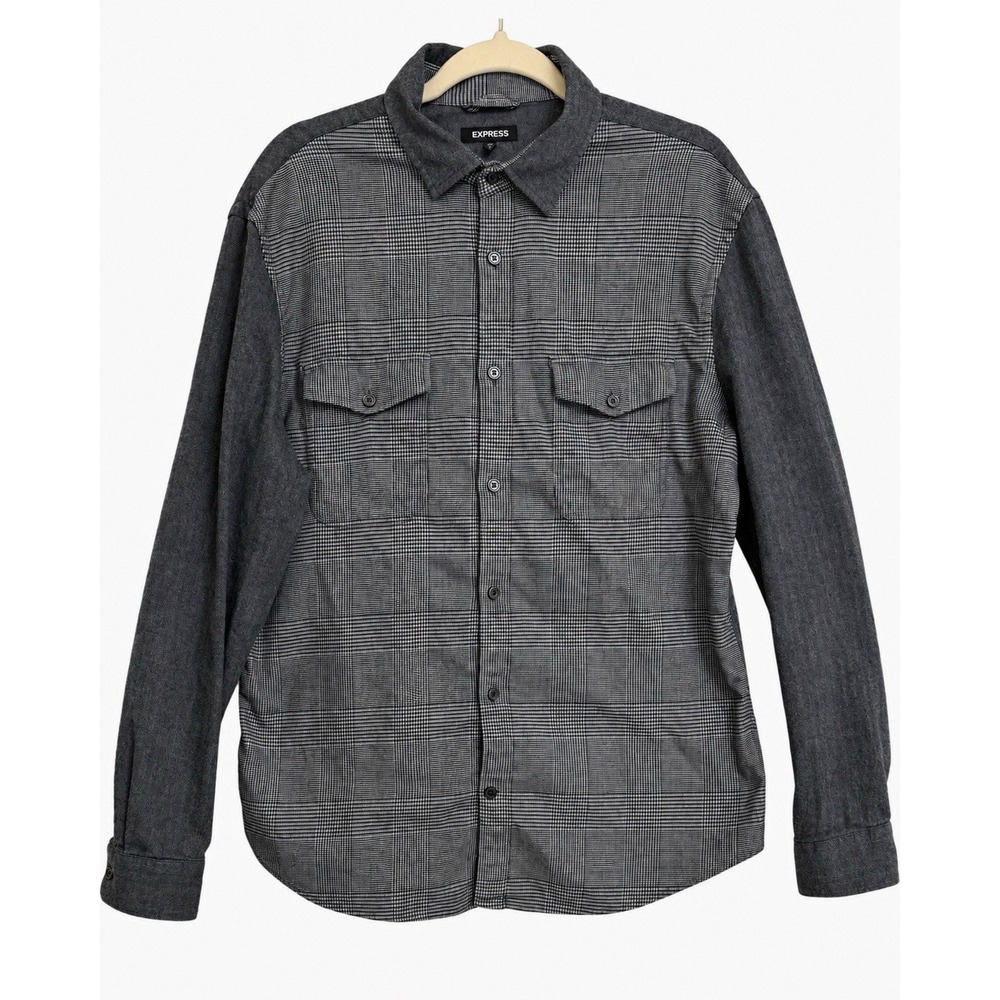 Express Men's Medium Gray Glen Plaid Herringbone Button Up Shirt Overshirt